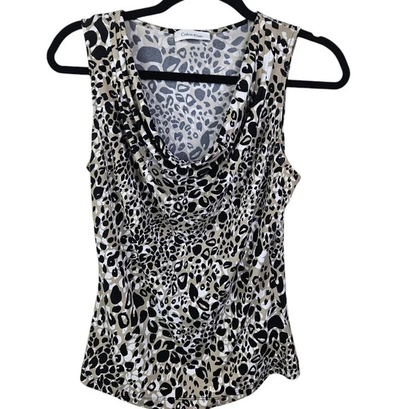 Calvin Klein Tan Black Leopard Print Blouse Tank Shell Cowl Neck Size Small - Picture 9 of 9